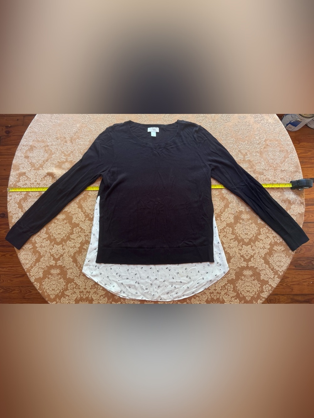 LOFT Black Layered-Look Long Sleeve Top with White Faux Hem